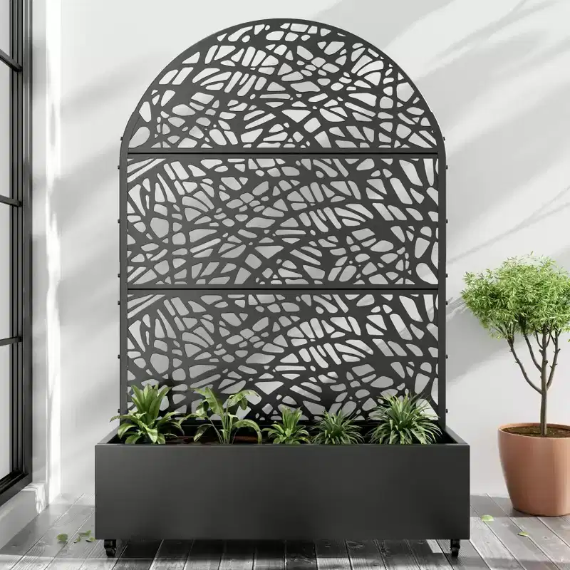 MAYEERTY 72x47 Black Arched Iron Planter Box with Trellis, 3 Piece Set Decorative Garden Screen for Patio and Balcony