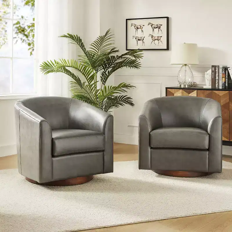 Set of 2 Jessie 30.5 Wide Modern Swivel Barrel Faux Leather Chair with Solid Wood Base|ART OF LIVING DESIGNS