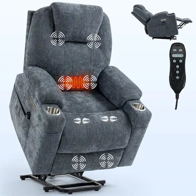 Power Lift Recliner | 8-Point Massage | Lumbar Heat | Dual USB | Steel Cup Holders | Blue
