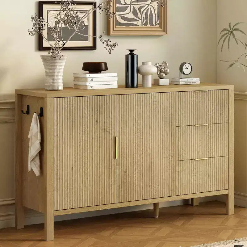 JVNOXK U-Shaped Modern Wavy 3-Drawer Sideboard with Hooks and Center Leg Storage Cabinet, Suitable for Living Rooms, Natural Finish