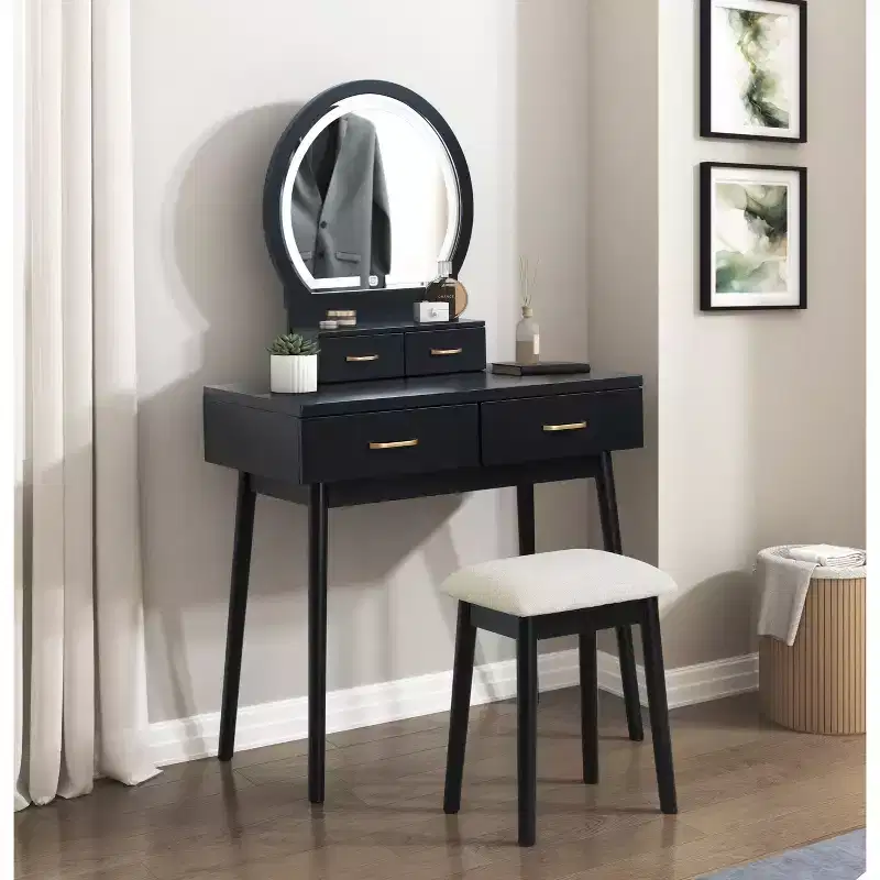 Okak Luxury Vanity Table with Beautiful Mirror & Lights,Storage Dressing Desk with Drawers & Stool,Princess Makeup Table Set for Bedrooms