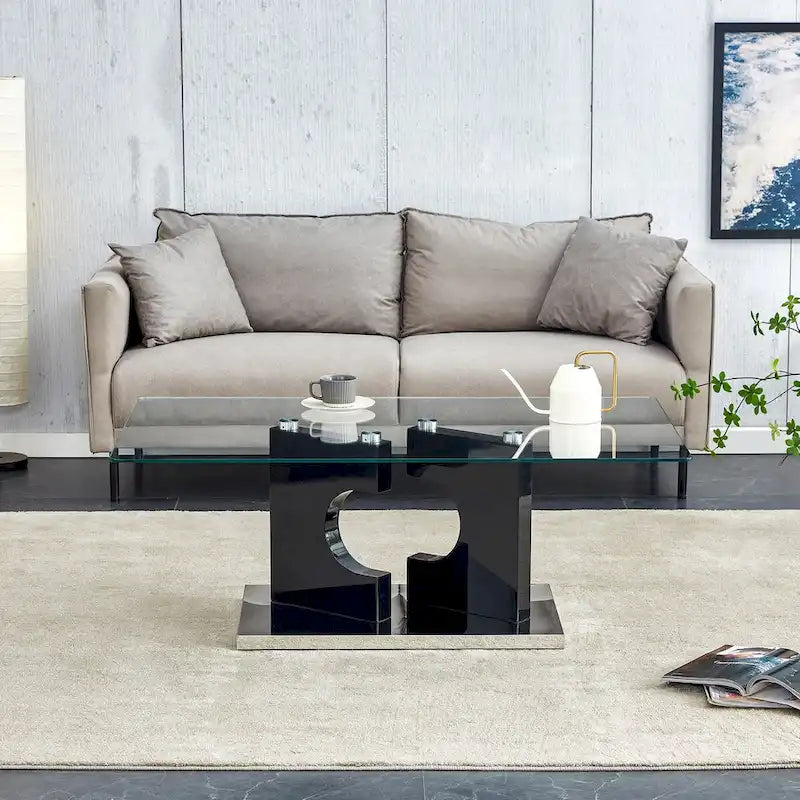 47.2x25.5x18 Rectangular Modern Coffee Table with Tempered Glass Top and Black MDF Legs