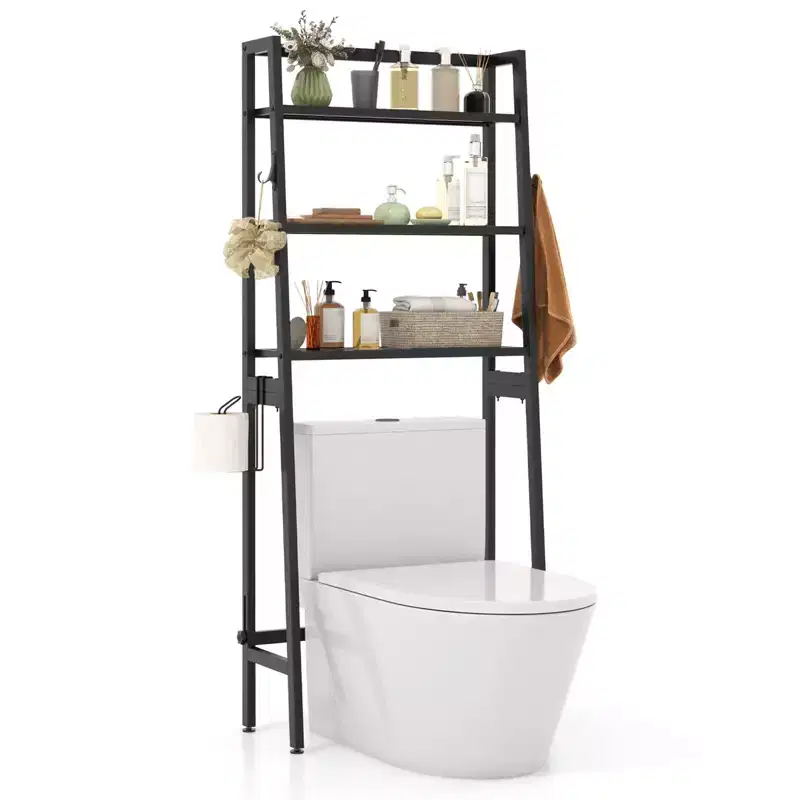 Over The Toilet Storage Shelf 3-Tier Free Standing Above Toilet Rack Stand 2 Side HooksWhite/Black
