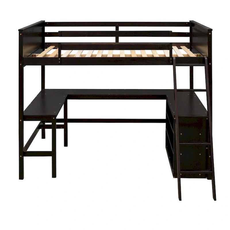 Full size Loft Bed with Shelves and Desk, Wooden Loft Bed with Desk