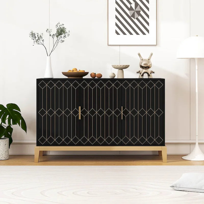 3-Door Storage Cabinet Sideboard Buffet Cabinet with Adjustable Shelf Antique Black Gold