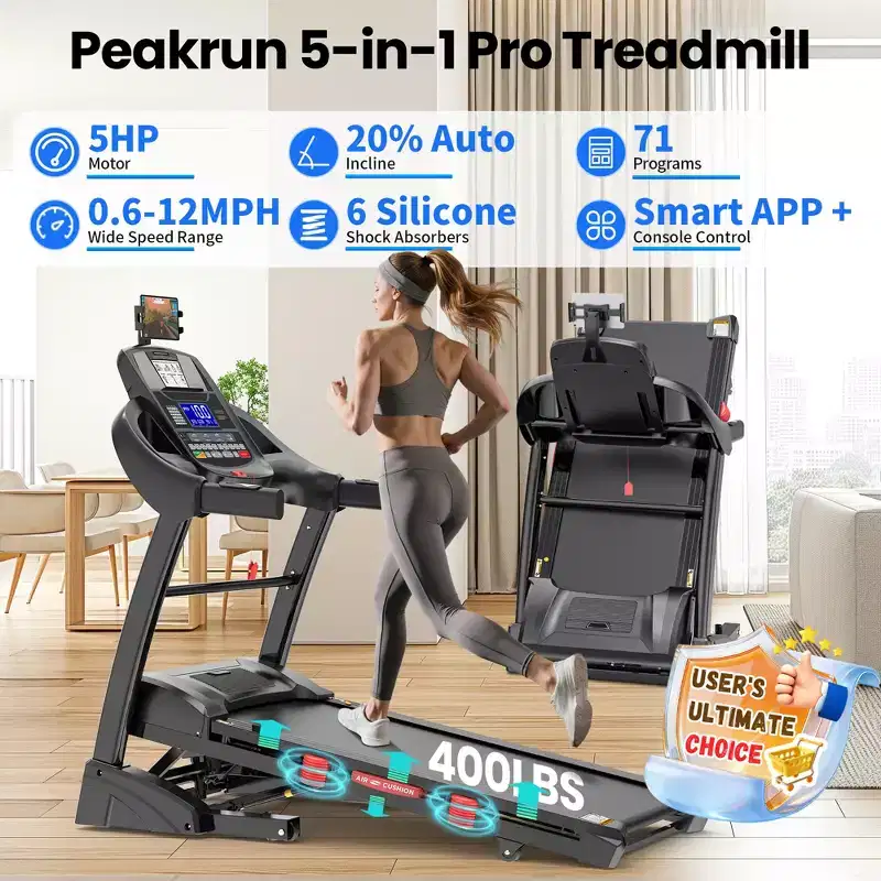 5HP Foldable Treadmill for Home w/ 15% Auto Incline, 400lbs Capacity, 10MPH Portable Treadmill, 64+7 Programs, Personalized Workout with APP