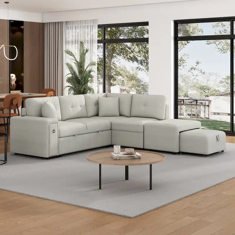 L-Shaped 4-Seat Sectional Sofa with Pull-Out Bed, Ottoman, USB Ports & Drop-Down Table