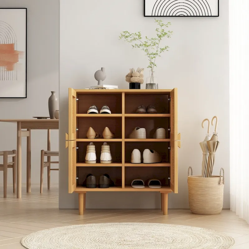 4-Door Rattan Mesh Shoe Cabinet – Natural / Black, 8 Shelves, Solid Wood Legs