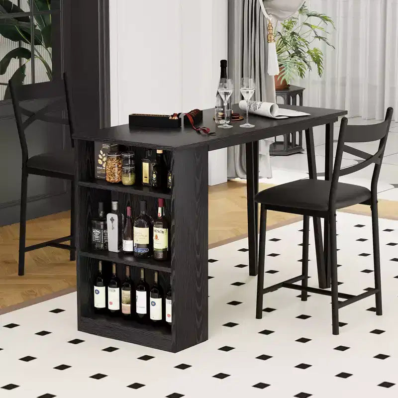 CuisinSmart 3-Piece Dining Table Set for 2, High Top Kitchen Bar Table with 3 Tier Storage Shelves & 2 Stool, Expandable Bar Dining Room Set