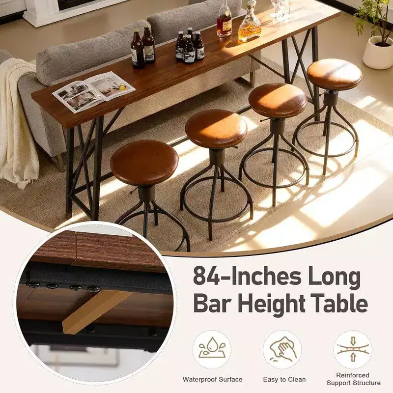 Karl Home 83.86in Bar Table and Stool Set with 4 Adjustable Height Swivel Stools in Brown for Dinner Kitchen and Living Room