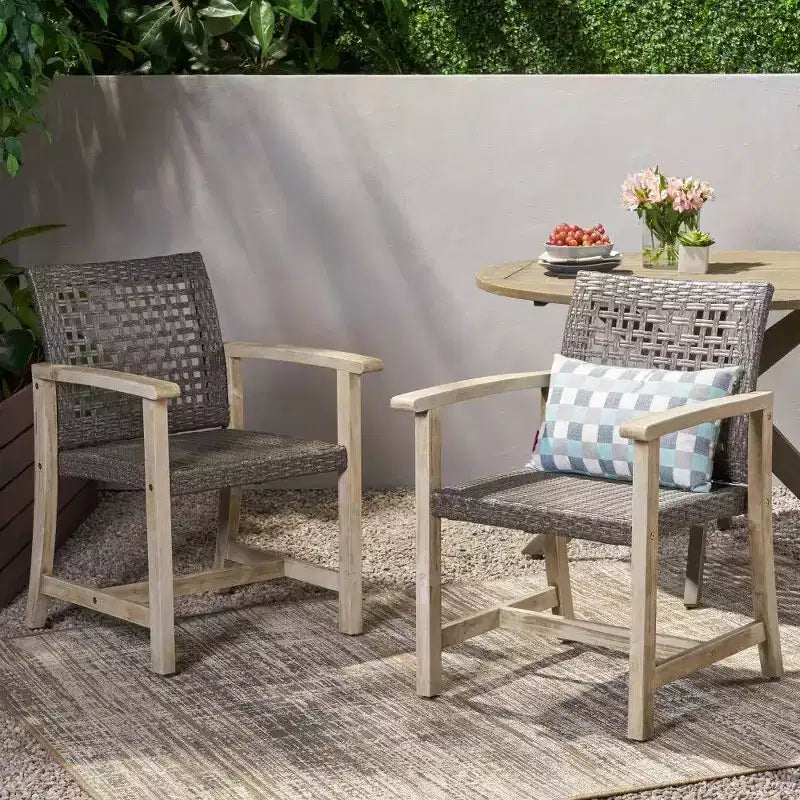 TUYOHW Acacia Wood and Wicker Outdoor Dining Chairs Set of 2,Patio Chairs with Woven Seat for Backyard,Garden,400lb Capacity