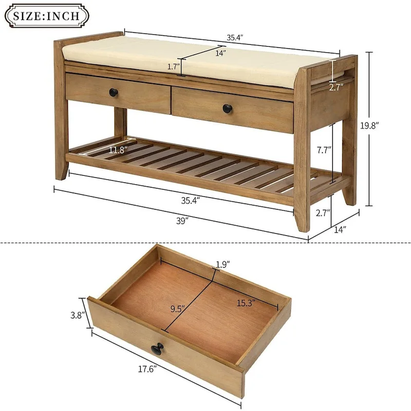 Wooden Storage Bench with Shoe Rack and Drawers