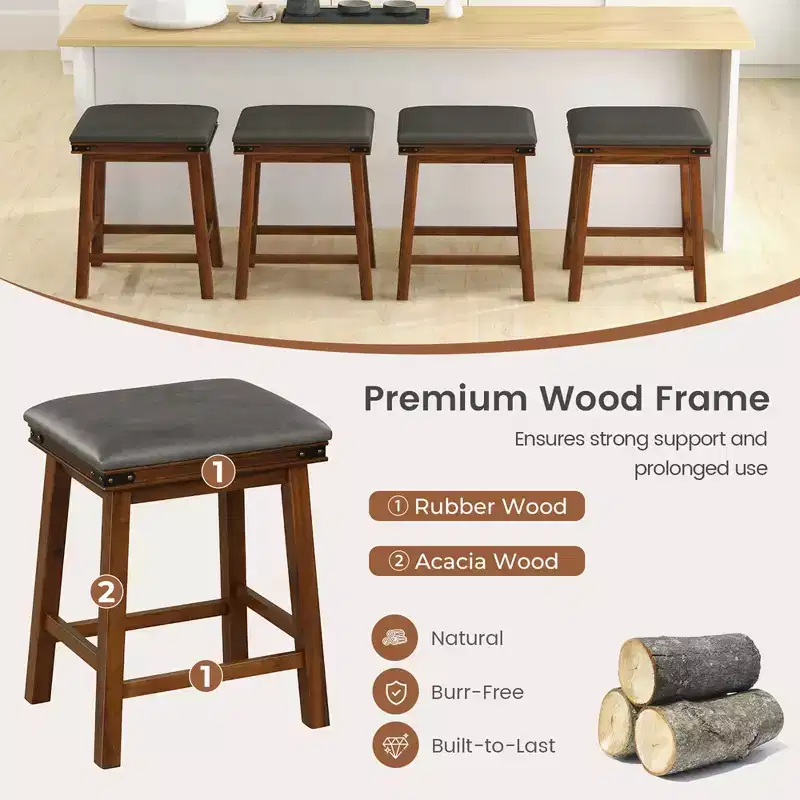 Costway 24'' Dining Bar Stool Set of 2 Counter Height Padded Seat Wood Frame Kitchen Brown/White