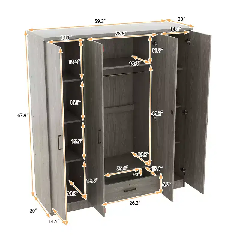 Wood 4-Door Wardrobe Armoire with Hanging Rod, 1-Drawer and Storage Shelves
