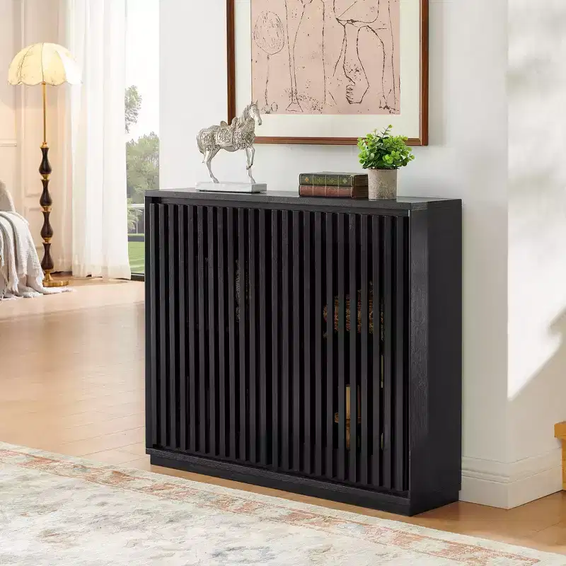 Black / Walnut Brown Mid Century Sideboard Cabinet with 2 Slatted Doors & 2 Shelves, for 1 Person