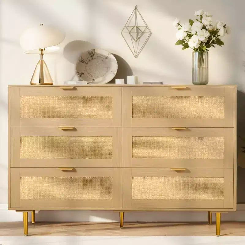 6 Drawer Rattan Dresser, Double Dresser for Bedroom, Natural Rattan Chest of Drawers with Metal Handles & Legs, Wood Color