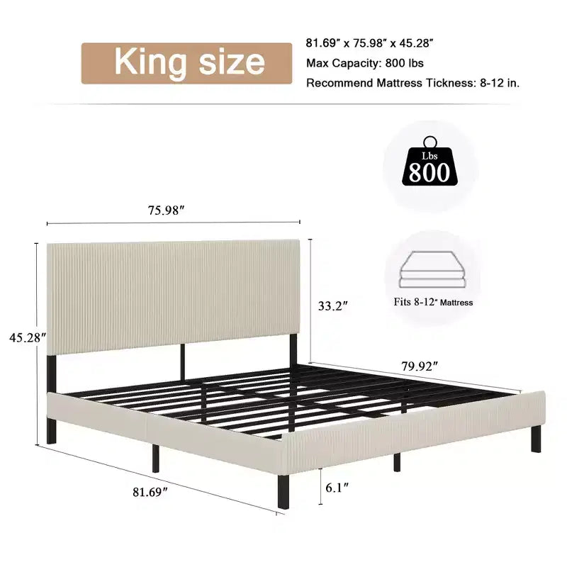 King Size Metal Platform Bed with Headboard, Bandaged Platform Bed Frame ,Antique Beige