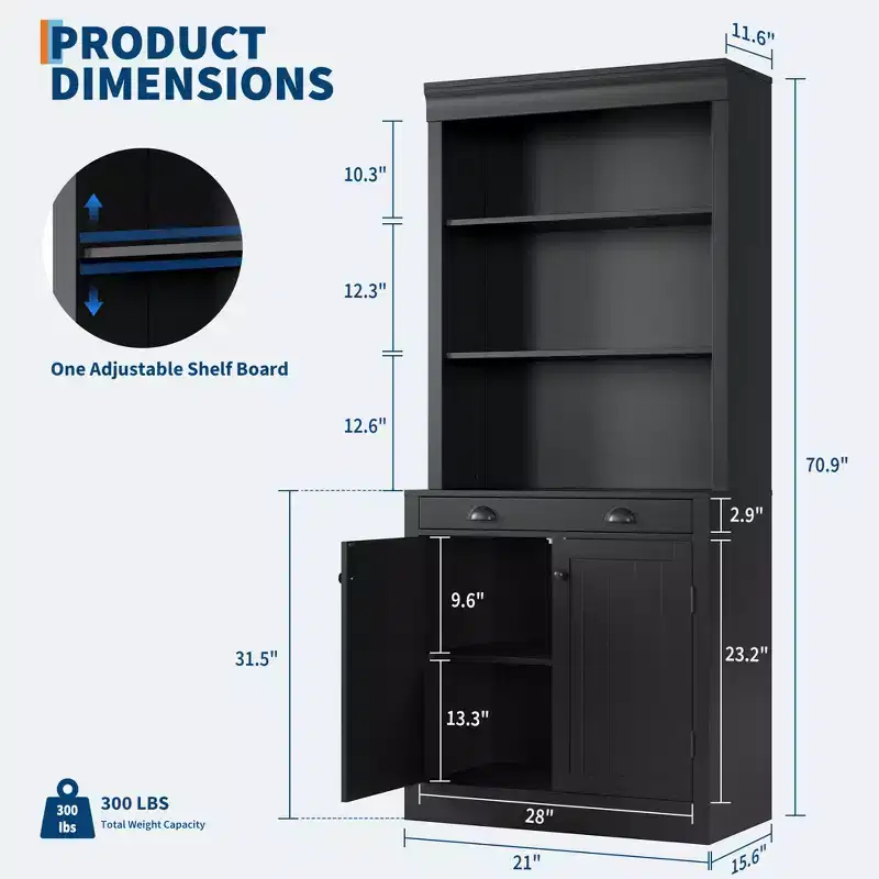 70 5-Tier Bookshelf,with Doors & Drawer, Modern Pantry Sideboard with Adjustable Shelf, Wood Storage Cabinet for Living Room, Home Office,Black