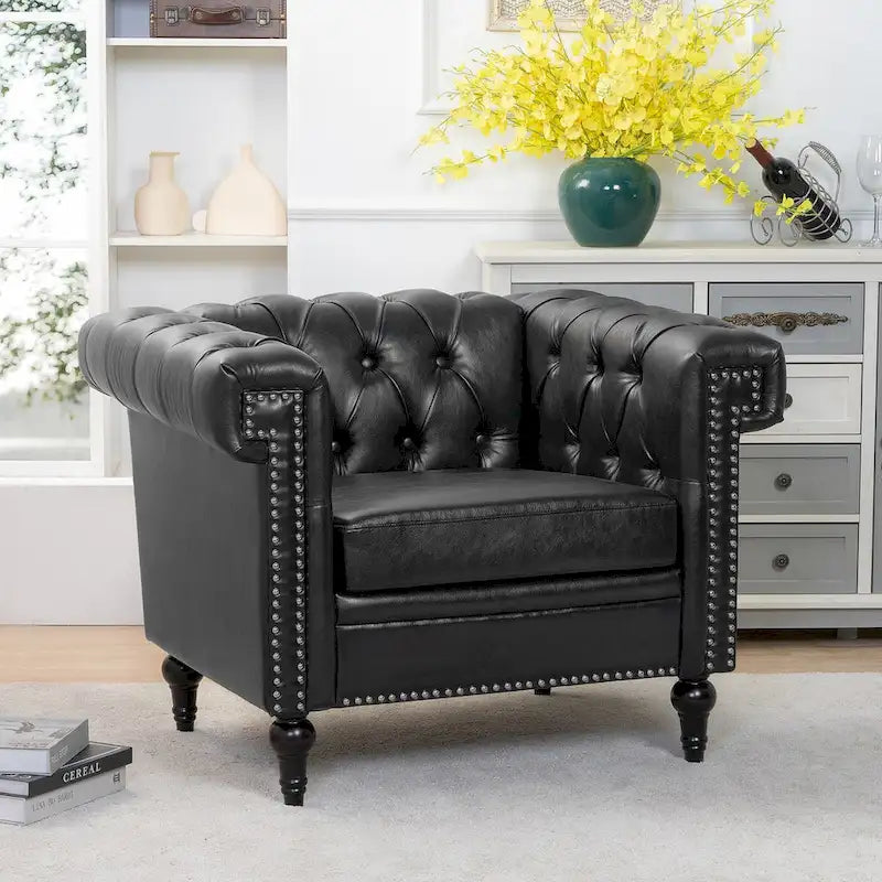 PU Leather Accent Arm Chair with Silver Stud Trim and Wood Legs