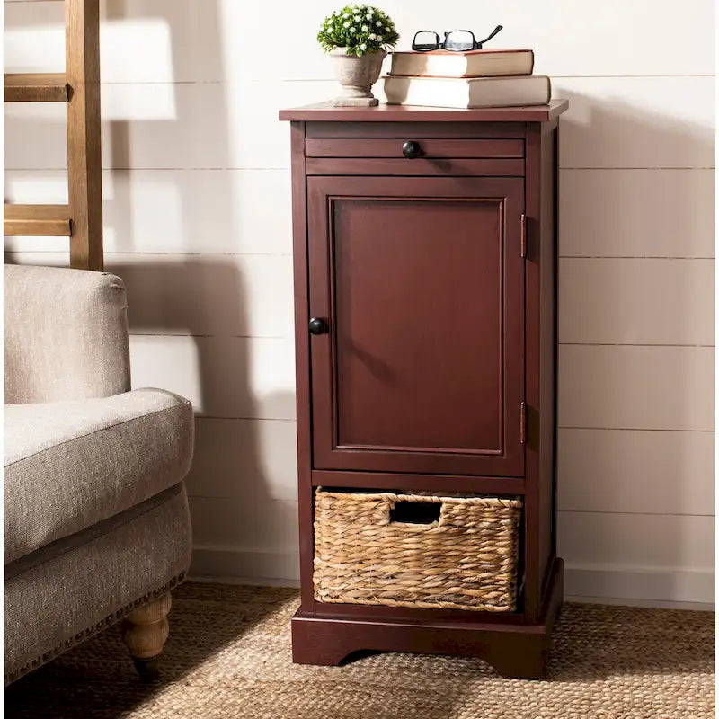 Tall Storage Unit with Woven Basket and Pull-Out Writing Surface