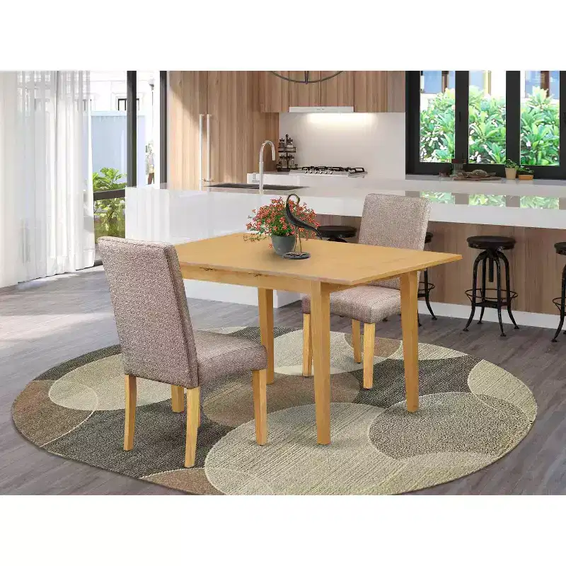 Rectangular Dining Table Set - 3pc Cottage Table & Chairs, Linen Fabric, Dark Khaki Finish