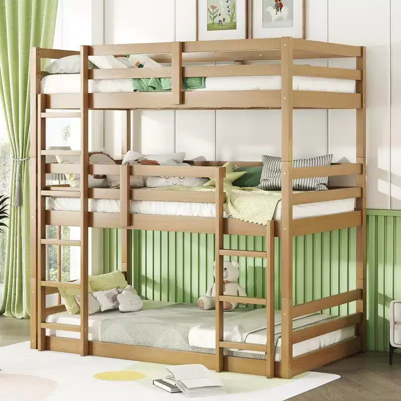 MAYEERTY Triple Rubber Wood Bunk Bed with Two Built in Ladders Guargrails Detachable Triple Twin Bunk Bed Natural