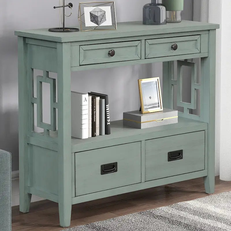 36 in. Farmhouse Pine Wood Console Table with 4 Drawers and Open Shelf