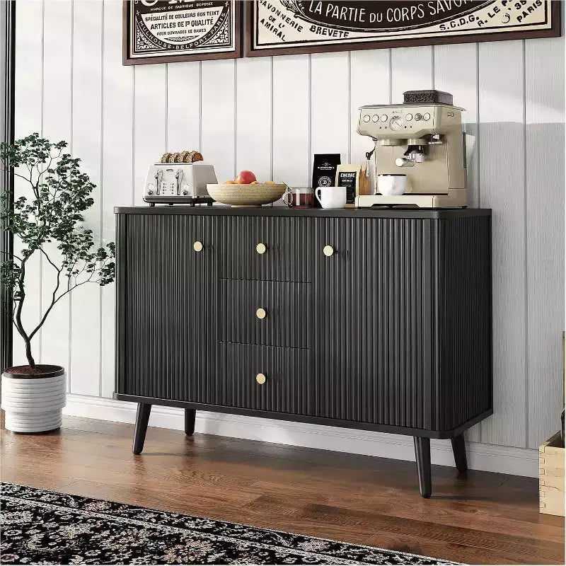 Acekool Black 47in Modern Sideboard Buffet Cabinet, Fluted Storage Cabinet with Drawers & Adjustable Shelves for Dining Room