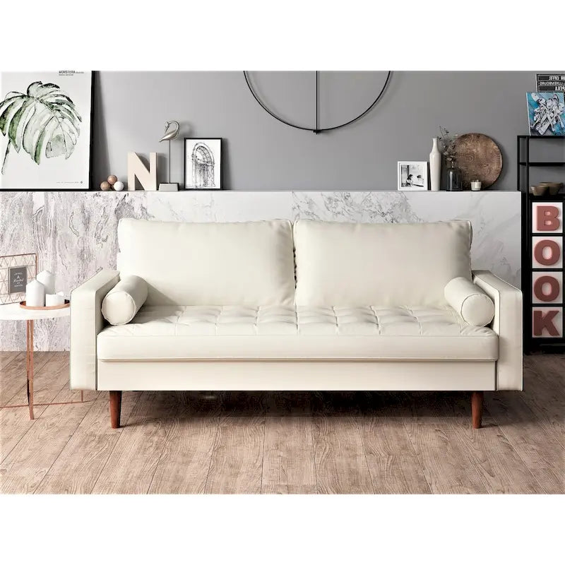 Mid-Century Modern Faux Leather Sofa with Track Arms