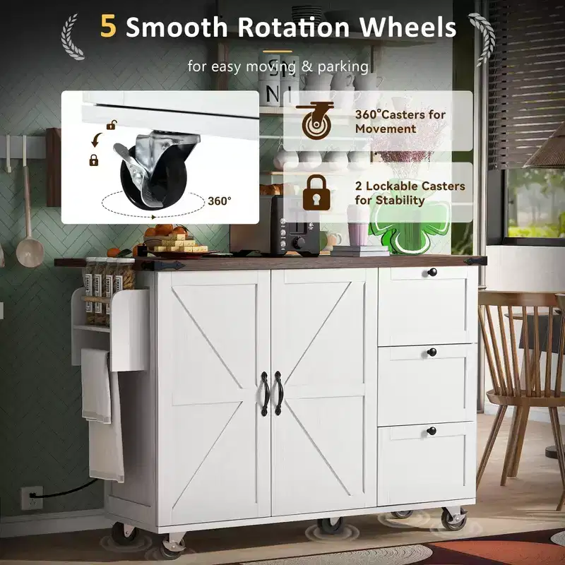 Whisen Farmhouse Style Kitchen Cart Island with Drop Leaf and Locking Wheels