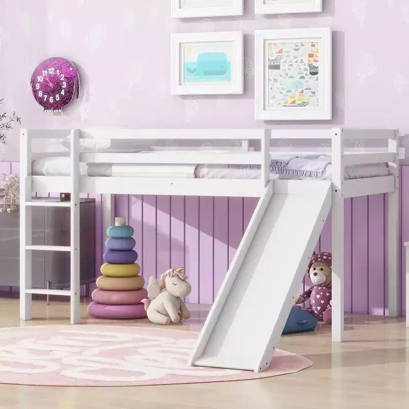 Rubberwood Twin Loft Bed with Slide & Guardrails 44.3''H