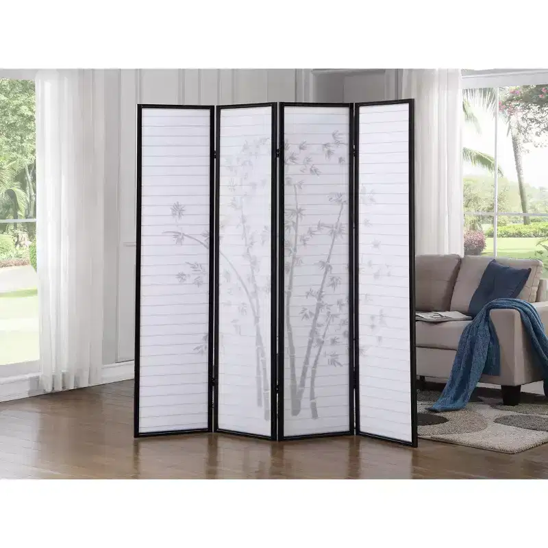 Roundhill Furniture Bamboo Print 4-Panel Framed Room Divider, Black