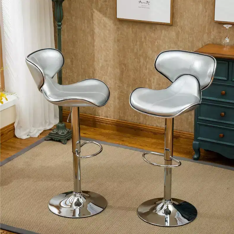 Roundhill Furniture Masaccio Cushioned Leatherette Upholstery Airlift Adjustable Swivel Barstool with Chrome Base, Silver, Set of 2
