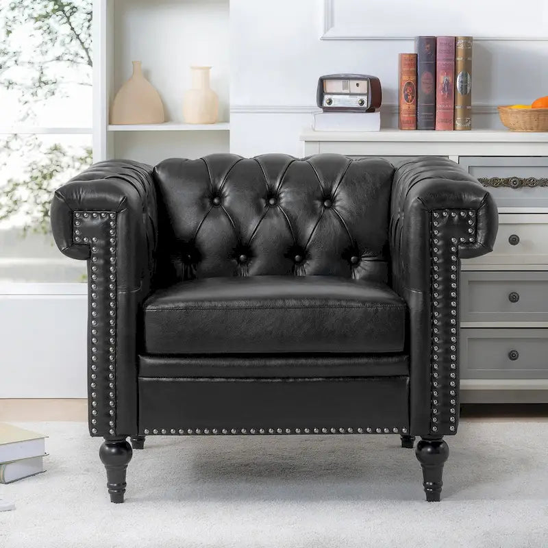 PU Leather Accent Arm Chair with Silver Stud Trim and Wood Legs