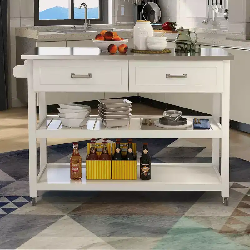 MAYEERTY White Kitchen Cart, Stainless Steel Top 2 Drawers