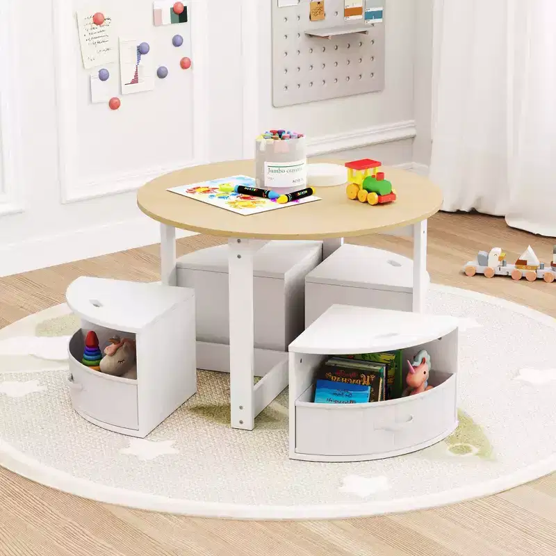 Costway 5 Piece Kids Play Table and Chairs Set Round Nesting Table Toddler Furniture Gray/Natural