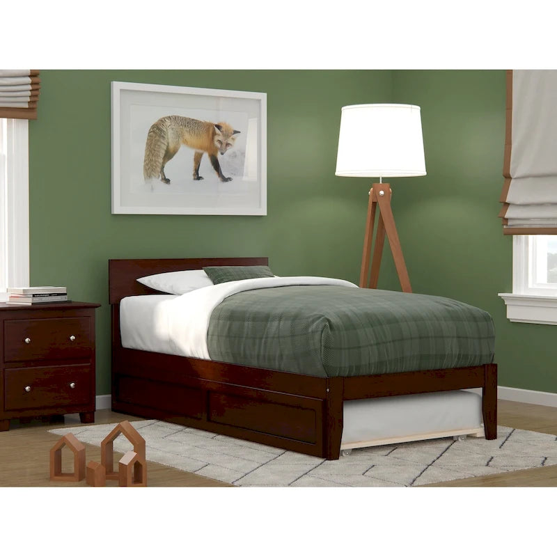 Twin Platform Bed with Trundle, Solid Wood Frame, Space-Saving Design