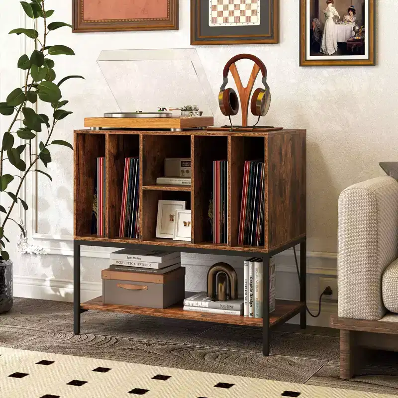 Record Player Stand with Charging Station, Vinyl Storage Holder, Shelves, Metal Frame