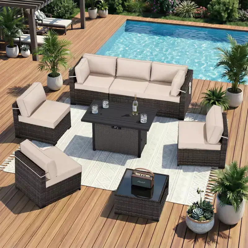 UPTIOT Premium Outdoor Sofa Set with Corner Loungers, Accent Chairs & Grey Convertible Fire Table for Ultimate Patio Comfort