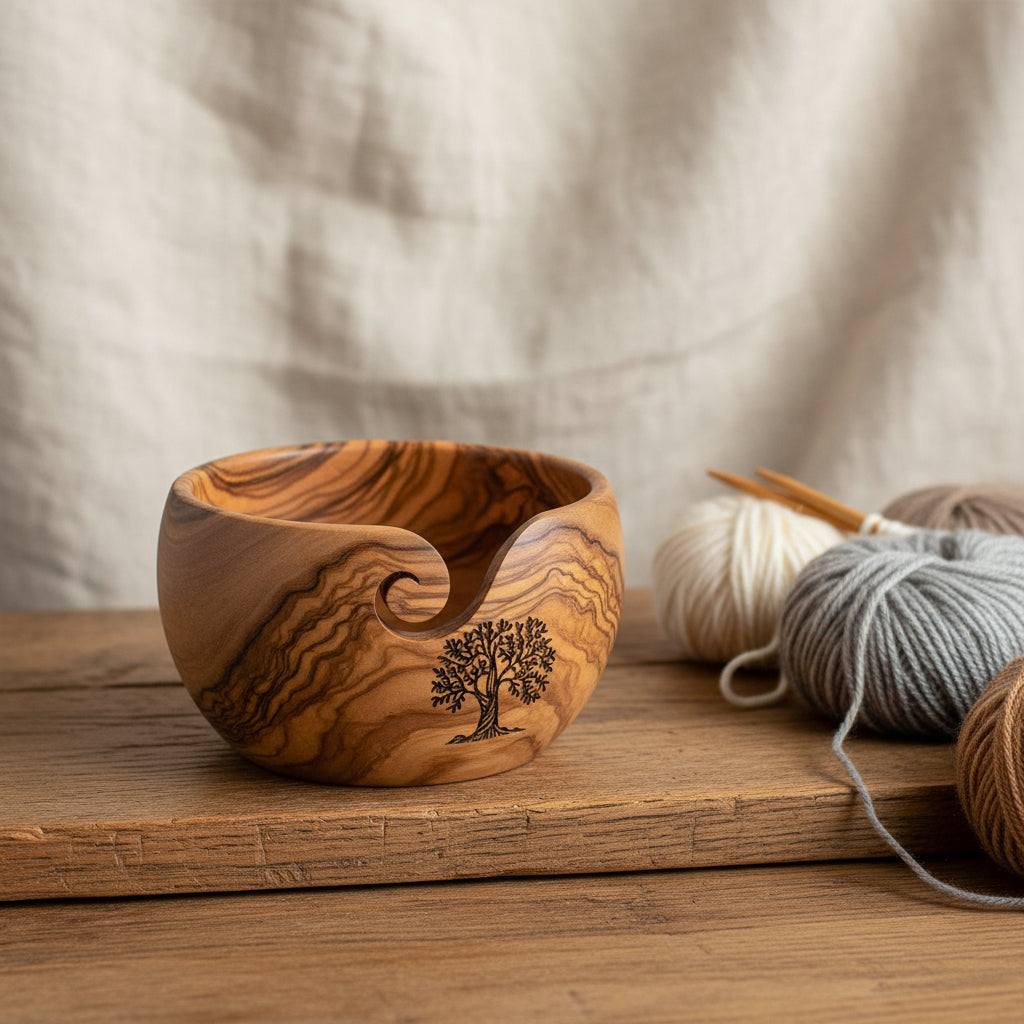 Engraved Tree Wood Yarn Bowl