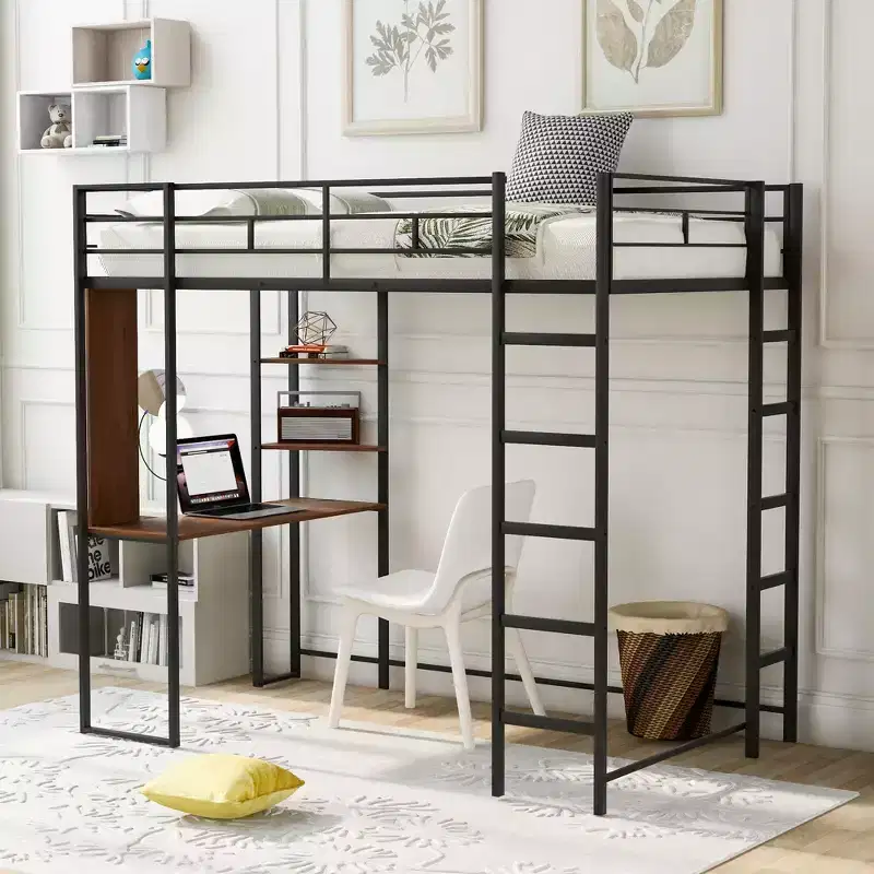 Twin Size Metal Loft Bed with Built-in Desk, Shelf and Ladder