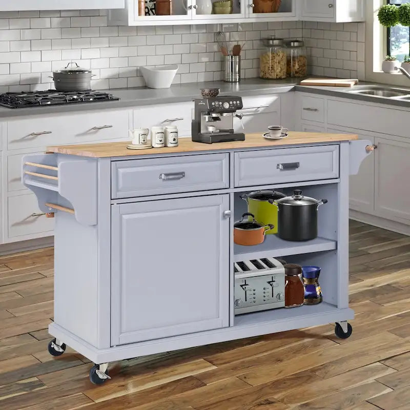 Grey Rolling Kitchen Island Cart with Natural Wood Top Drawers Cabinets and Spice Rack