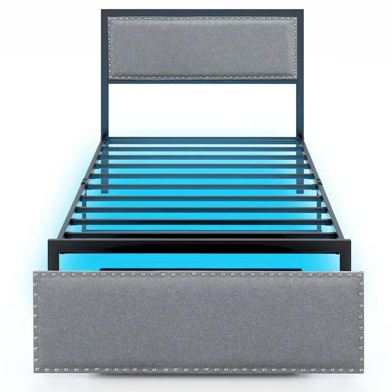 Twin Size Bed Frame with Storage Drawer, Metal Platform Bed with LED Lighting