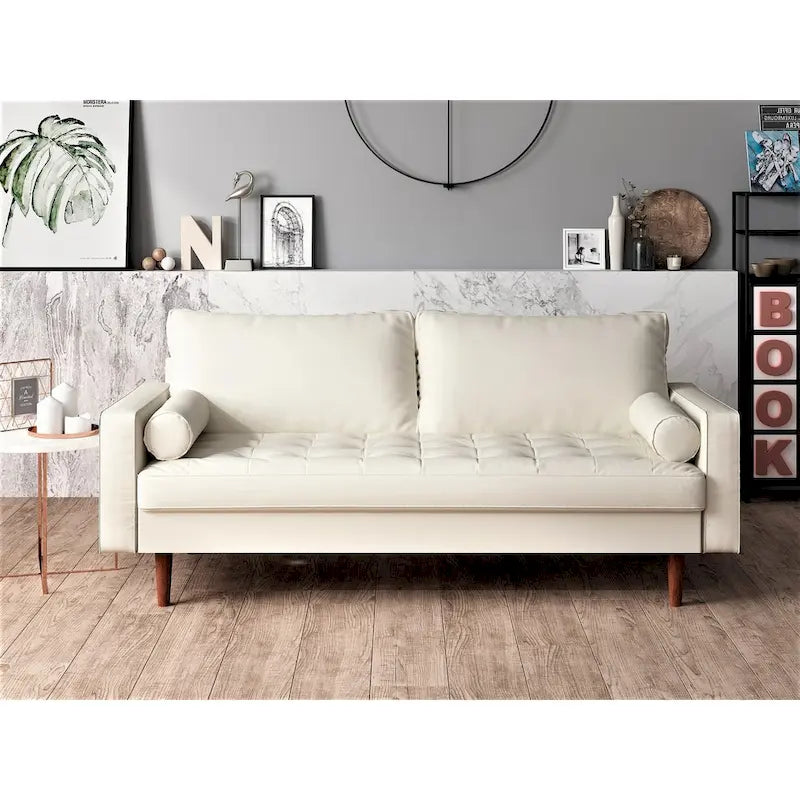 Mid-Century Modern Faux Leather Sofa with Track Arms