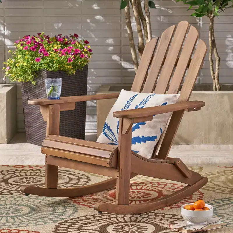 Okak Rustic Adirondack Rocking Chair Premium Acacia Accent Chairs with Cup Holder,1 Pc,Outdoor Lazy Chair for Porch,Backyard&Garden,Brown
