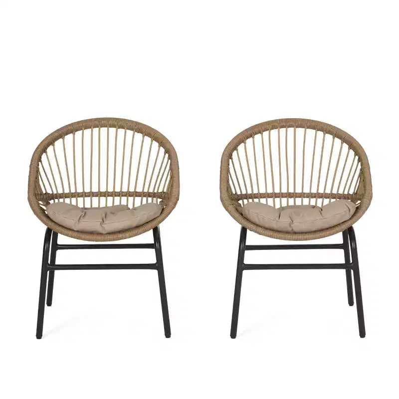 GDFStudio Dero Outdoor Wicker and Iron Dining Chairs with Cushion (Set of 2), Light Brown/Beige