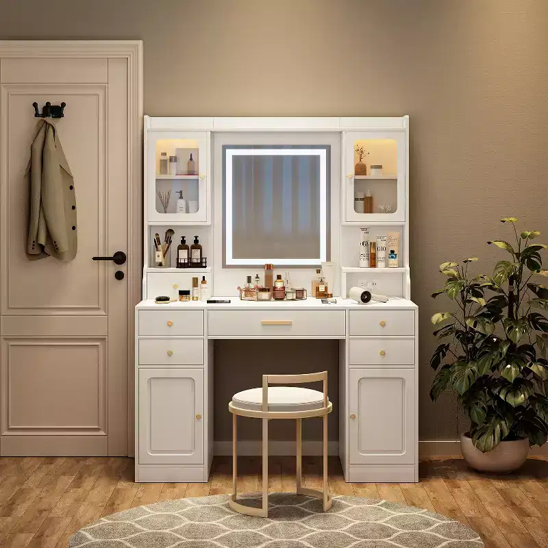 Modern Mirror Vanity Table with Lights, 6 Drawers, 4 Lockers and Shelves