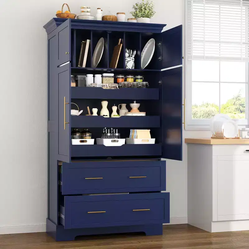GDFStudio Ares 72.6 Freestanding 4-Door Kitchen Pantry with Pull-out Trays and Large Drawers