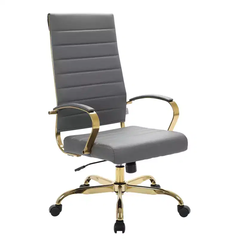 LeisureMod Benmar High-Back Ribbed Leather Office Chair - Modern Swivel & Tilt Executive Desk Chair - Gold Base