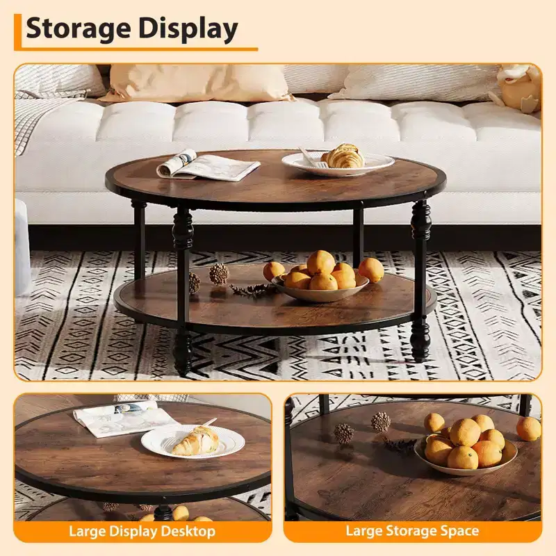 Round Coffee Table Living Room 34.25in Rustic Circle Center Table with Storage Shelf 2-Tier Modern Wood Coffee Table, Easy Assembly(Brown)